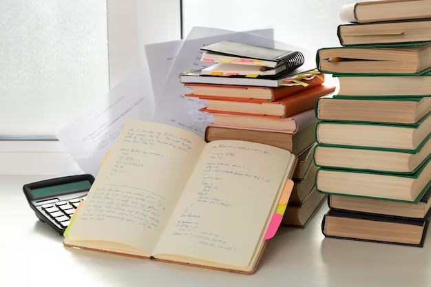 Books, notes, and calculator on a table