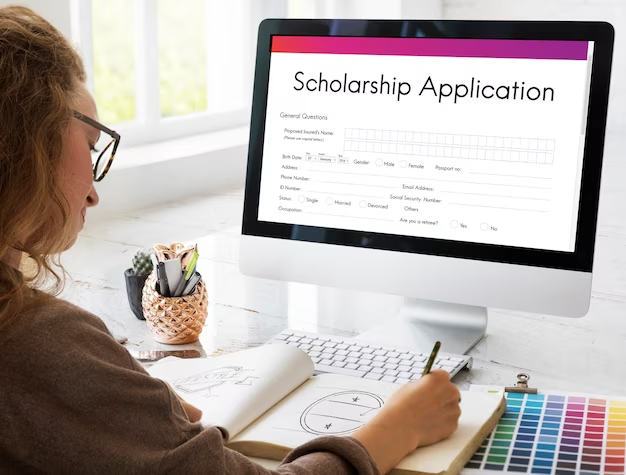 Scholarship applicant in front of a compute