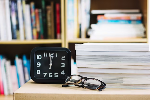 Table with books, reading glasses, and a clock