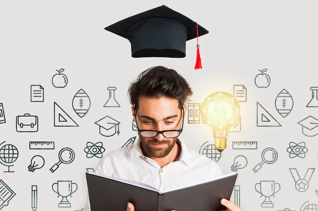 A man reading a book with a graduation hat on top of him